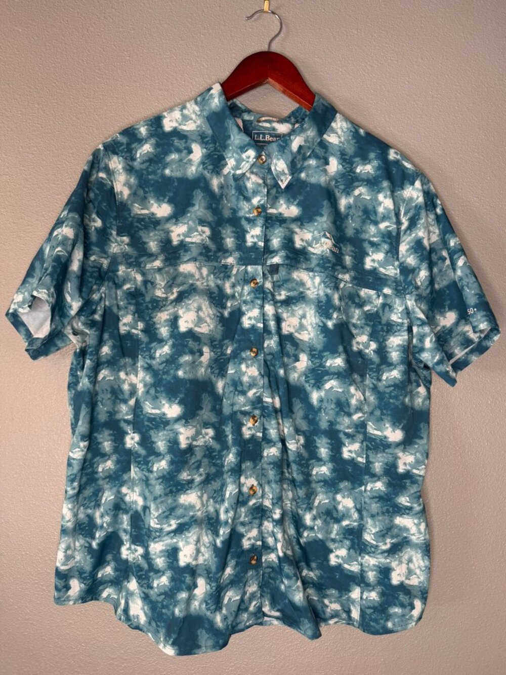 LL Bean Womens 2X Plus UPF 50 Sun Protection Fishing Shirt Blue Print